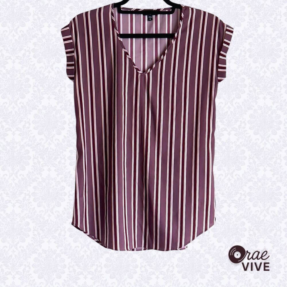 Express Women's Pinstripe V-Neck Blouse Mauve Maroon Satin Sheen Size XS